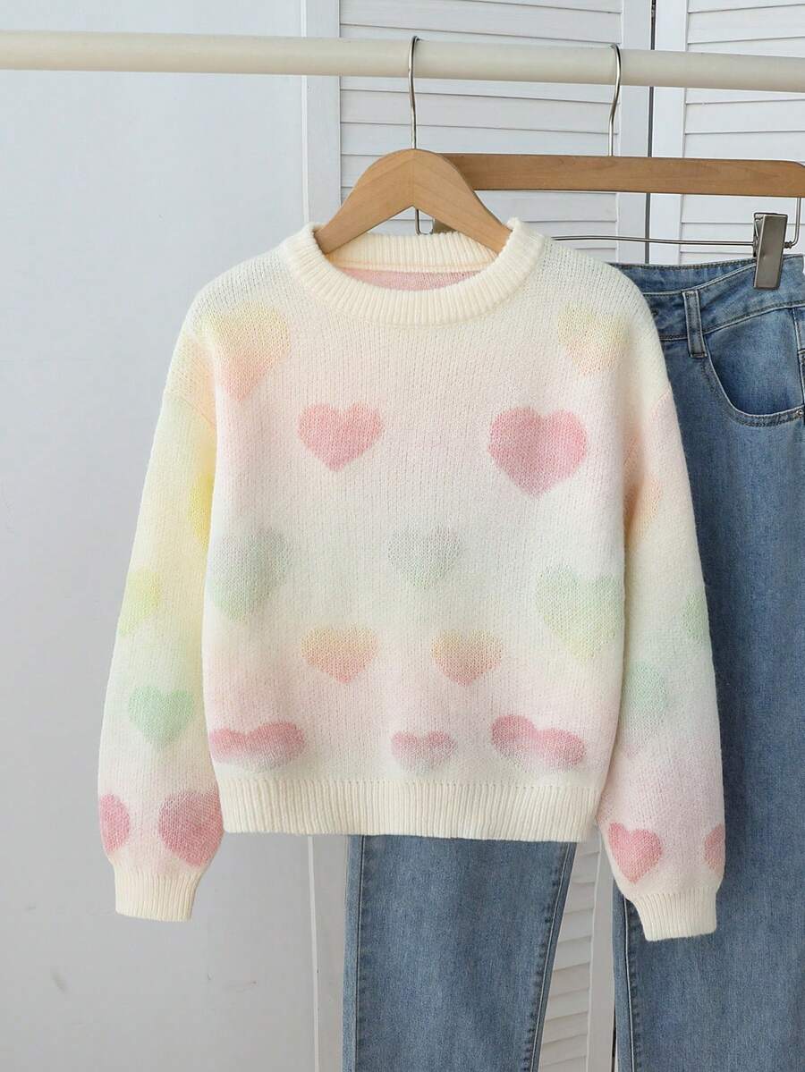 Genkimix Kids 青少年女孩圆领肩部渐变色彩虹爱心图案创意设计休闲百搭度假风格 Y2Y 毛衣适合学校、适合派对、适合圣诞派对、适合派对、适合度假、适合休闲、适合运动 - 粉色 - 查看 1
