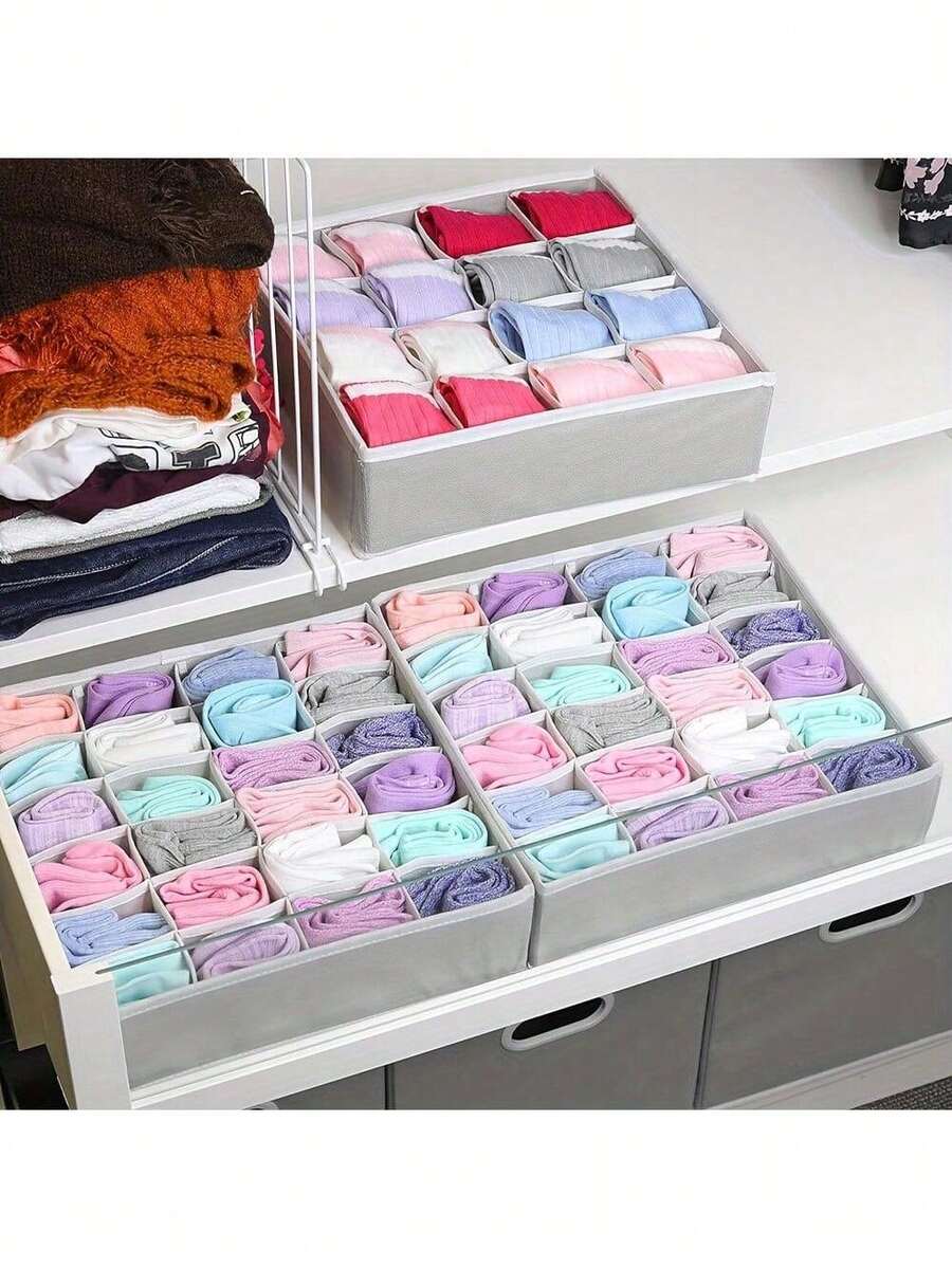 1/2pcs Foldable Drawer Organizer Box, 24 Grid Compartments Storage For Socks, Underwear, Clothes, Space Saving For Wardrobe, Bedroom - Grey - View 1