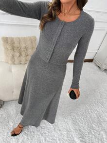 Editum 女式针织开衫长袖和罗纹针织裙两件套，适合日常穿着和多种场合，秋冬 - 深灰色 - 查看 4