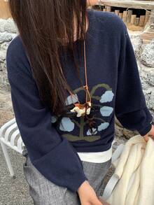 Dazy Plus Tulip Jacquard Pattern Casual Loose Crew Neck Sweater For Girls, Autumn/Winter - Navy Blue - View 1