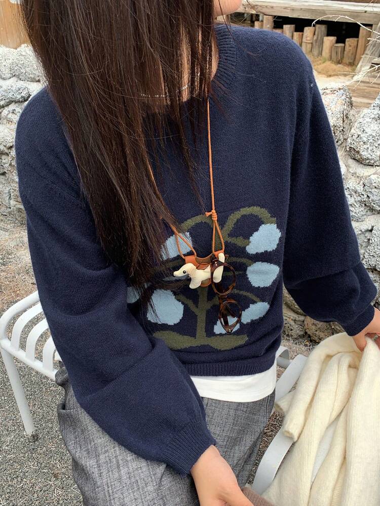 Dazy Plus Tulip Jacquard Pattern Casual Loose Crew Neck Sweater For Girls, Autumn/Winter