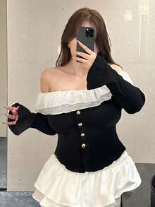 Dazy Plus Plus Size Women's Scalloped Off Shoulder Flare Sleeve Fitted Cropped T-Shirt, Spring/Autumn Long Sleeve Top