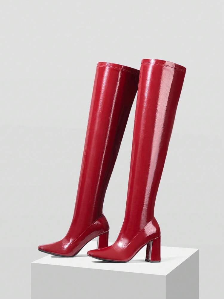 CHUNKY HEEL PU LEATHER TOE SUEDE OVER-THE-KNEE BOOTS, SLIMMING & ELONGATING LEGS