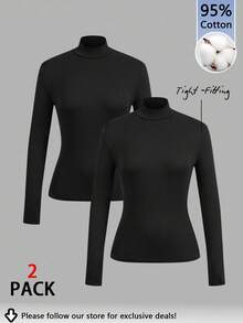 Tseoso 2pcs Women High Neck Tight Fit Long Sleeve Base Layer T-Shirt Set, Suitable For Autumn/Winter. Versatile For Daily Wear, 95% Cotton, Indoor And Outdoor, Vintage, Soft Girl, Outing Items, Home, Back To School, Fall Women Clothes, Versatile, Old Money, New Money, Gift For Mom, Family Gift, Christmas Gift - Black - View 11