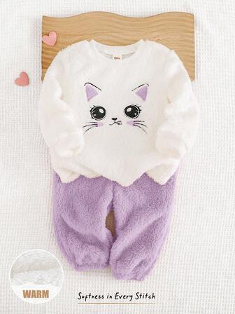 Cozy Pixies 2 st. flickor hjärtmönster termofodrad rund halsringning långärmad topp och fotlång byxa katt baby outfit baby fleece pyjamas set nyfödda varma set baby tecknade kattkläder baby flickor vinterkläder jul