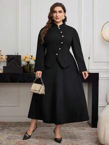 Modelyn Set elegant și chic, stil coreean, cu guler mandarin, mâneci lungi, mâneci bufante, jachetă metalică cu un singur nasture și fustă plisată în linie A, vintage, pentru navetiști - Negru - Vizualizare 4