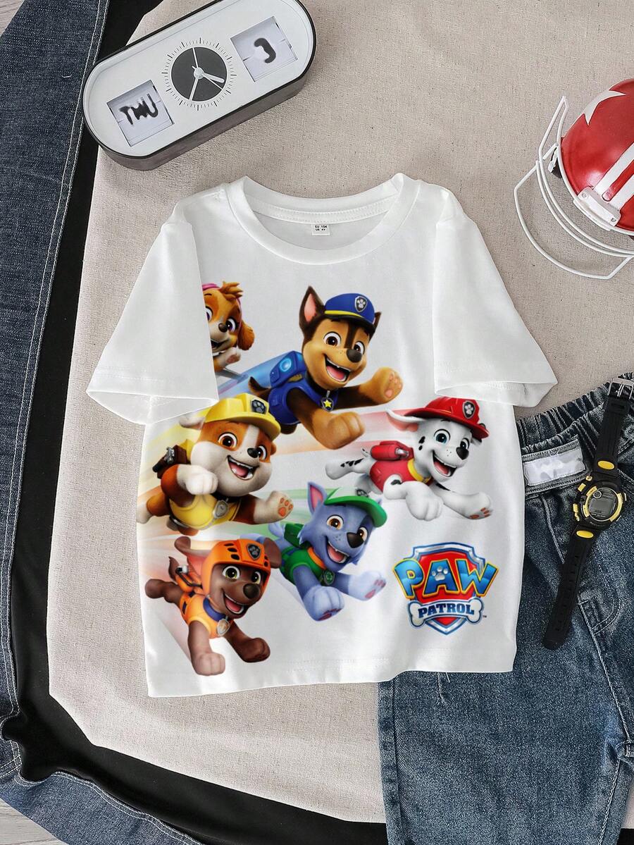 SHEIN | PAW Patrol Young Boy Summer Cute Cartoon Dog Print Short Sleeve T-Shirt Kids Cartoon Shirt Boys Pets T Shirt Boys Cartoon Shirt - White - View 1