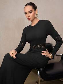Modelyn Women's Elegant Contrast Lace Slim Fit Long Dress, Spring/Autumn - Black - View 1