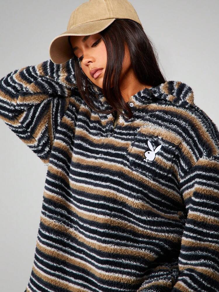 Missguided x Playboy Striped Fleece Pullover Sweatshirt With Hood And Centre Pocket For Winter Casual Wear