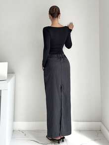 Siren Gaze 女士休闲通勤条纹单扣直筒裙 - 深灰色 - 查看 4