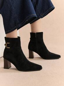 D-Ring Buckle Ankle Boots | Suede & Matte Leather Blend | 2" Chunky Heel | Pointed-Toe Elegance | 2 Pairs, Premium Leather-Look - Black - View 11
