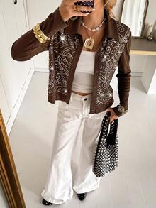 Siren Gaze Sequin Embellished Fashionable Women Long Sleeve Shirt Winter Brown Casual - Brown - View 3