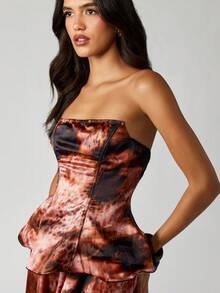 MISSGUIDED Strapless Peplum Corset Top And Wide Leg Balloon Pants Coord Set Fall Winter Abstract Print - Brown - View 5