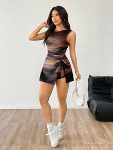 SHEIN EZwear Women's Casual Backless Tight Tie Dye Tie-Dye Retro Print Jumpsuit - Multicolor - View 1