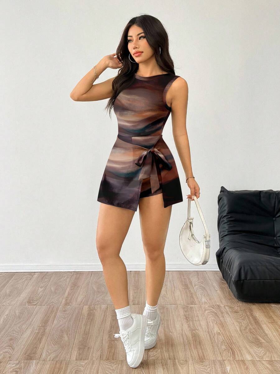 SHEIN EZwear Women's Casual Backless Tight Tie Dye Tie-Dye Retro Print Jumpsuit - Multicolor - View 1