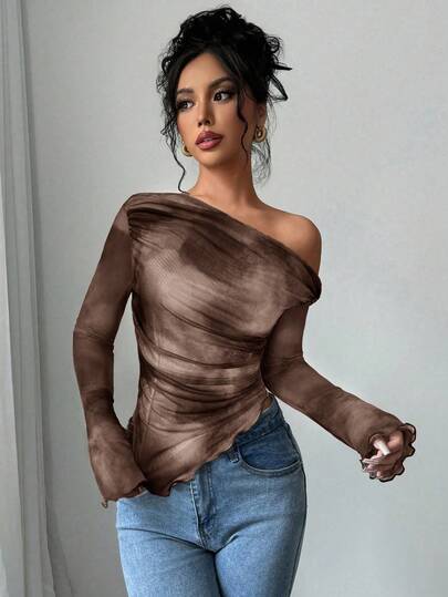 Firerie Women's Tie Dye Floral Off-Shoulder Long Sleeve Fitted Casual T-Shirt, Minimalist Fashion, Suitable For Daily Wear, Long Sleeve Floral Mesh T-Shirt Blouse, Spring Summer Autumn Clothing, Elegant, Commute, Casual, Daily, Minimalist, Work Attire