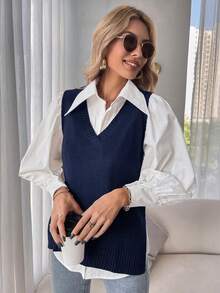 SHEIN Essnce Split Hem Sweater Vest Without Blouse In Fall/Winter,Fall,Fall Clothes For Women - Navy Blue - View 3