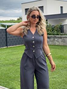 Jeta Ari بدلة كاجوال من قطعتين للنساء ، سترة صدرية بحfit واحد وبنطلون من اللون الأحادي ،ملابس رسمية عادية للسيدات - رمادي غامق - مشاهدة 4