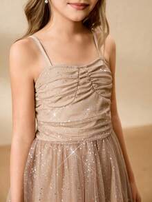 女童闪亮无袖连衣裙，后背蝴蝶结，公主薄纱裙，适合生日派对 - 卡其色 - 查看 8