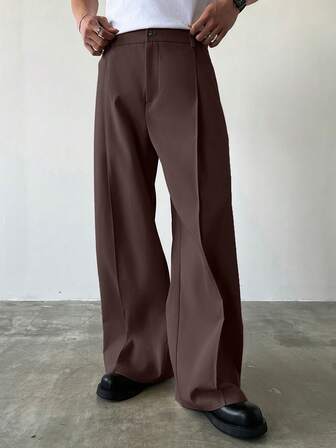 Manfinity Homme Men's Solid Color Casual Pants Wide Leg Pants Brown Dress Pants
