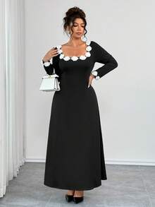 Elenzga Plus Size Crew Neck Floral Decor Waist Cinched A-Line Long Sleeve Dress, Elegant For Outings, Dates, And Gatherings - Black - View 6