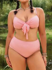 Swim Mod Plus Size Women Underwire Supportive Halter Bikini Set With Tie-Front, Solid Color Sexy Swimsuit For Pool & Beach, Summer