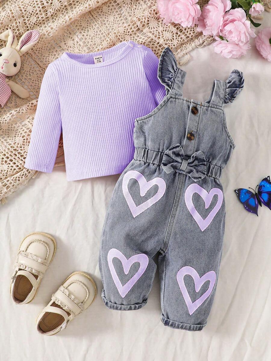 SHEIN Bộ áo liền quần denim xếp nếp cổ tròn tay dài màu trơn in hình trái tim cho bé gái - Màu tím - Xem 1
