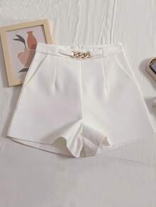 INAWLY 休闲优雅链条拉链装饰短裤 - 白色 - 查看 3