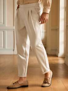 HIMLAND Men's Solid Color Fold Pleated Pocket Business Suit Pants - Beige - View 5