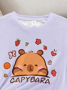 SHEIN Leap Crew 可爱水豚印花，青少年女孩休闲圆领短袖上衣和裤子睡衣套装，适合夏季 - 彩色 - 查看 4