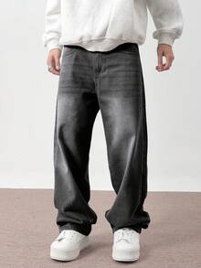 Claim Dot 宽松男士直筒斜口袋休闲牛仔裤 - 深灰色 - 查看 8