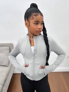 SHEIN Áo khoác nhẹ có khóa kéo cho bé gái tuổi teen, Áo khoác thể thao thoáng khí dùng để chạy bộ, tập gym, yoga, quần áo cho mọi mùa thu đông - Màu Xám nhạt - Xem 6