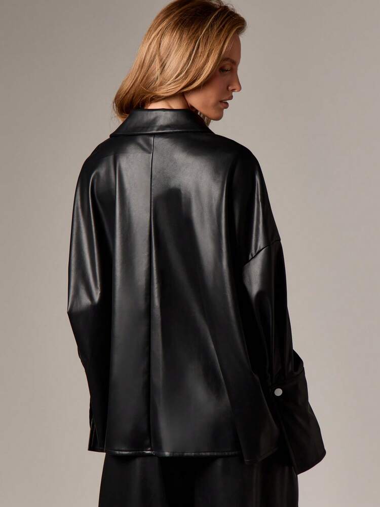 AiiRZ Oversized Faux Leather Button Up Shirt Long Sleeve Collared Blouse Fall Winter Office Casual Wear