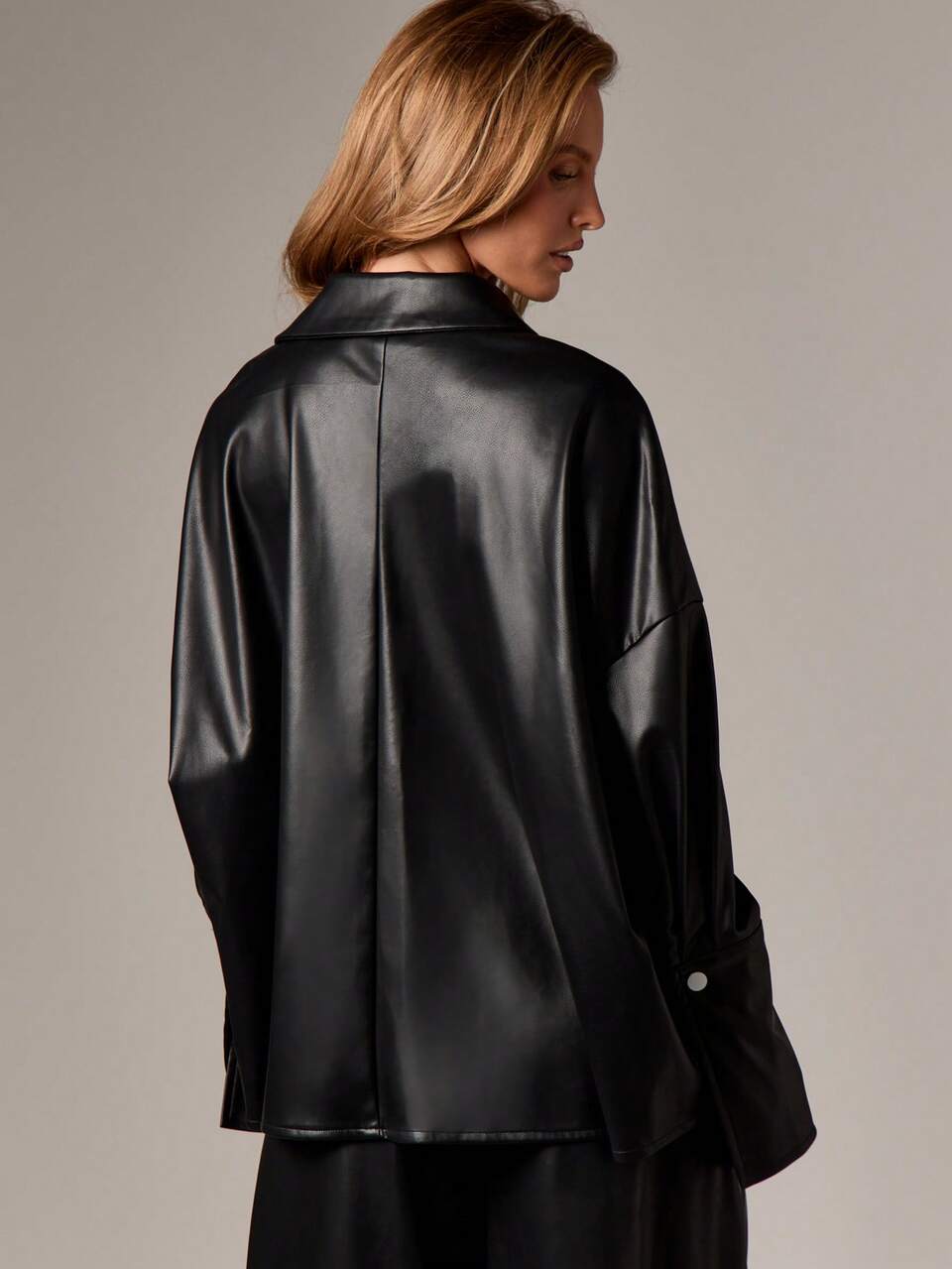 AiiRZ Oversized Faux Leather Button Up Shirt Long Sleeve Collared Blouse Fall Winter Office Casual Wear