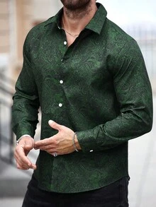 Manfinity Homme 大码男士前扣长袖衬衫，简约休闲衬衫，深绿色男士衬衫，秋季