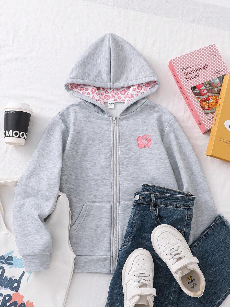 Tween Girls Cute Sweet Floral Bow Print Double Layer Zipper Pocket Loose Jacket, Casual & Versatile, Autumn/Winter