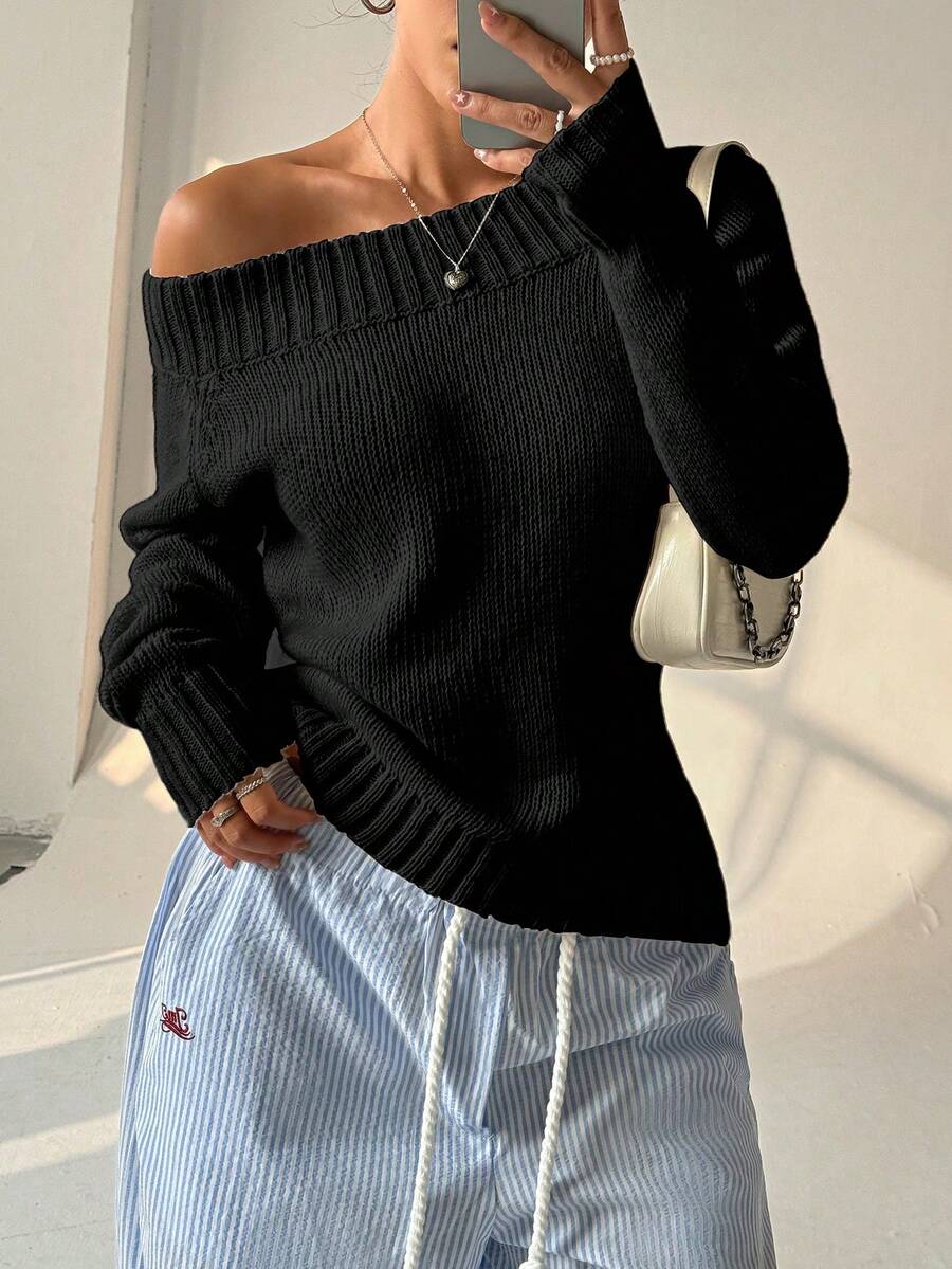 Flirla Petite Áo len tay dài màu trơn cổ tròn lệch vai bất đối xứng dành cho nữ mùa thu/đông - màu đen - Xem 1