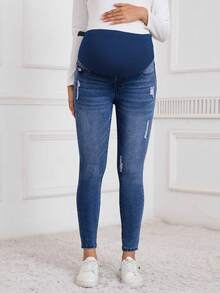 SHEIN Winter Maternity Casual Washed Distressed Skinny Jeans - Dark Wash - View 2