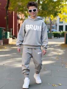 Fantacosmos 2pcs/Set Tween Boys Casual Bruh Letter Print Hooded Sweatshirt And Sweatpants, American Style Athletic Minimalist, Autumn/Winter - Light Grey - View 1