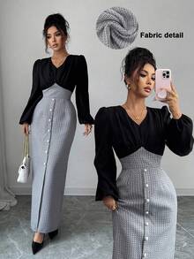 Elenzga Elegancka i modna sukienka midi z marszczeniami, dekoltem w serek, długimi rękawami i bufiastymi rękawami, ściągaczem w talii i ozdobnymi guzikami z przodu, damska sukienka zimowa - Czarne - Zobacz 1