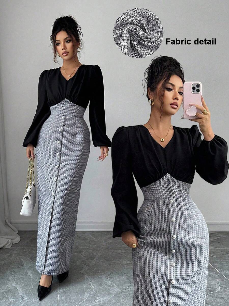 Elenzga Elegancka i modna sukienka midi z marszczeniami, dekoltem w serek, długimi rękawami i bufiastymi rękawami, ściągaczem w talii i ozdobnymi guzikami z przodu, damska sukienka zimowa - Czarne - Zobacz 1