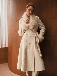 MOTF PREMIUM WOOL ELEGANT FURRY COLLAR BELTED OVERCOAT, AUTUMN/WINTER - White - View 6