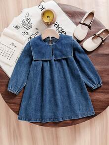SHEIN X GALILEA Elladie kids 女童海軍藍公主牛仔洋裝，夏季開學燈籠袖牛仔裙，7歲生日職業日波希米亞休閒寬鬆秋季女童服飾 - 藍色 - 查看 4