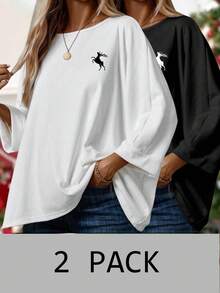 EMERY ROSE Áo thun nữ thêu hình tuần lộc tối giản giản dị cho mùa Giáng sinh, phù hợp cho mùa thu/đông - Nhiều màu - Xem 1