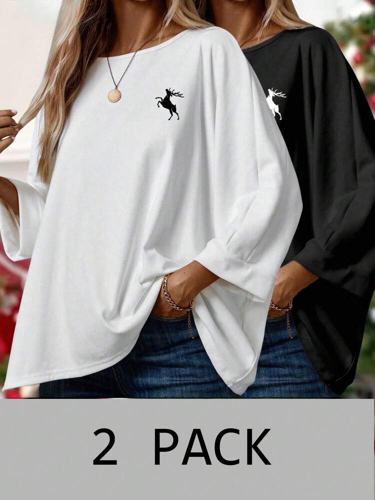 EMERY ROSE 2-Piece Women's Christmas Elk Print T-Shirt Sets,Black N White Autumn Casual Everyday Plus Size Simple Basic Tops For Fall Winter - Multicolor - View 1