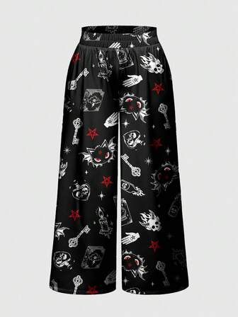 Goth Pantaloni a gamba larga con stampa all-over di cuori, teschi, diavoli, gatti, stelle e razzi, in stile gotico e carino, per taglie comode