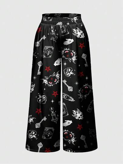 Goth Calze lunghe da donna in stile gotico scuro e carino, con stampa di teschio, fiamma, gatto e croce, in stile accademico magico