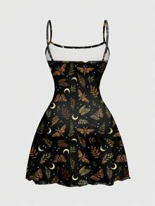 ROMWE Fairycore Gotisch-romantisches Mini-Kleid für Frauen mit Motiven von dunklem Schmetterling, Pflanze, Schmetterling, Mond, Sonne, Stern, Blatt