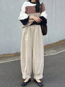 FRIFUL 女式松紧腰灯芯绒宽松喇叭裤脚九分裤 - 杏色 - 查看 3