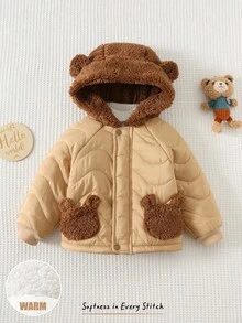 Cozy Pixies Baby Boy Cartoon Bear Pattern Contrast Color Hooded Winter Coat, Versatile & Comfortable For Indoor, Outdoor Casual, Skiing, Back To School, Daily Wear, Sports, Play, Party